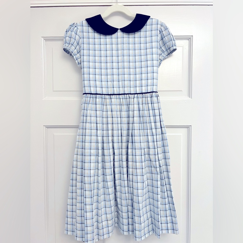 Bella Bliss Boutique Blue Plaid Dress with Navy Corduroy Collar and Bow - Size 8